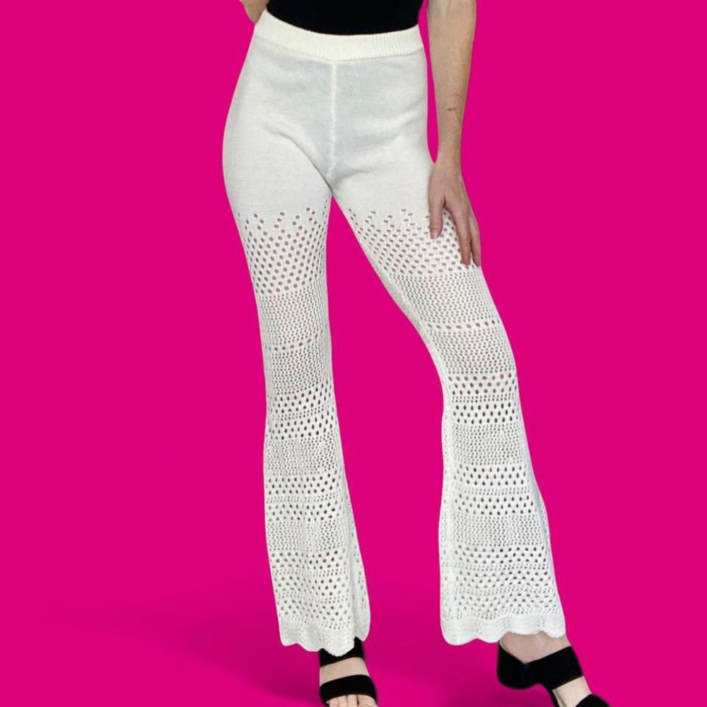 Emory Park White Ivory Crochet High Rise Flare Casual Beach Festival Pants